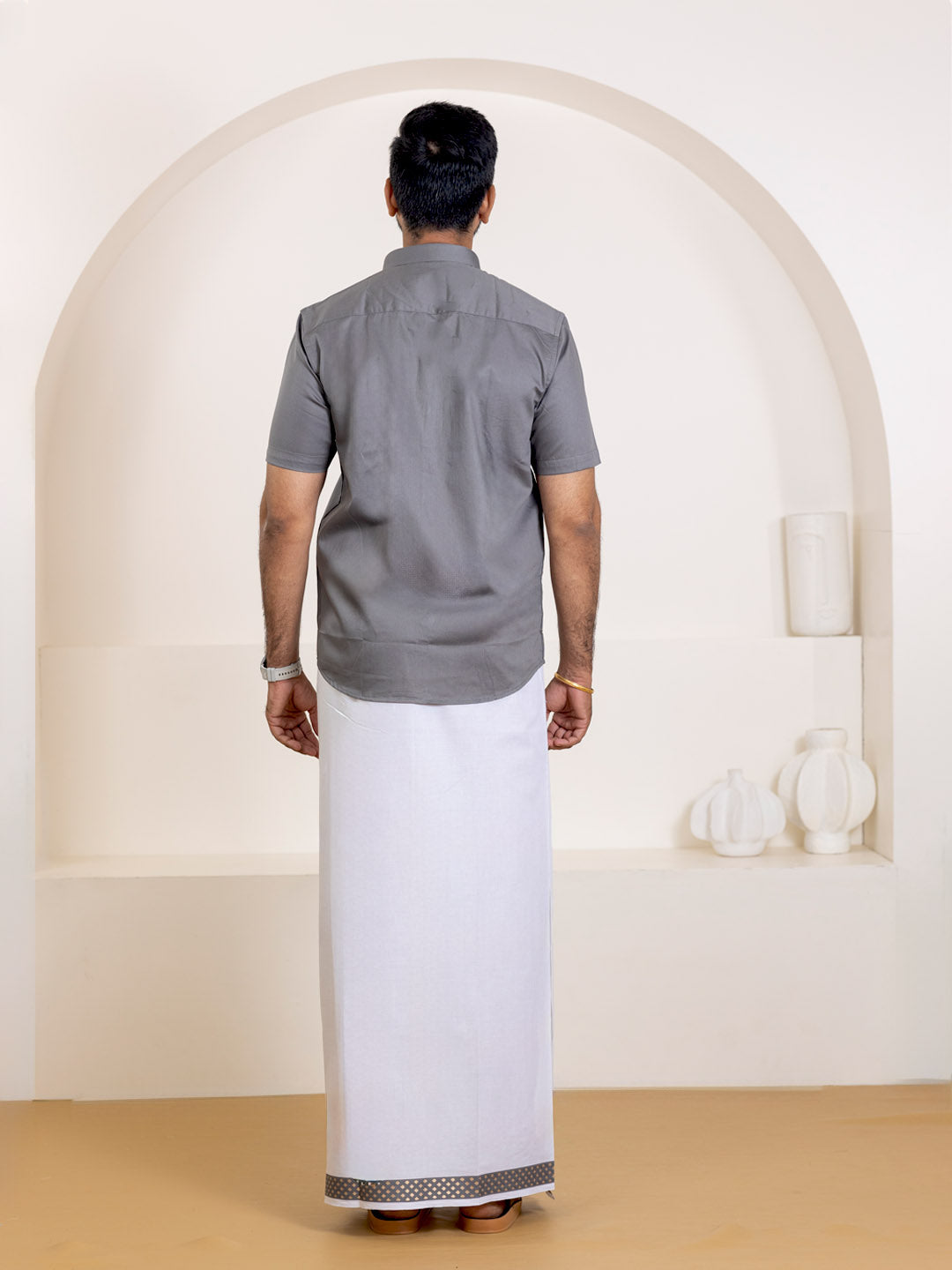 Men 100% Cotton Shuttle Grey Shirt and Fancy Border Dhoti Set BT6