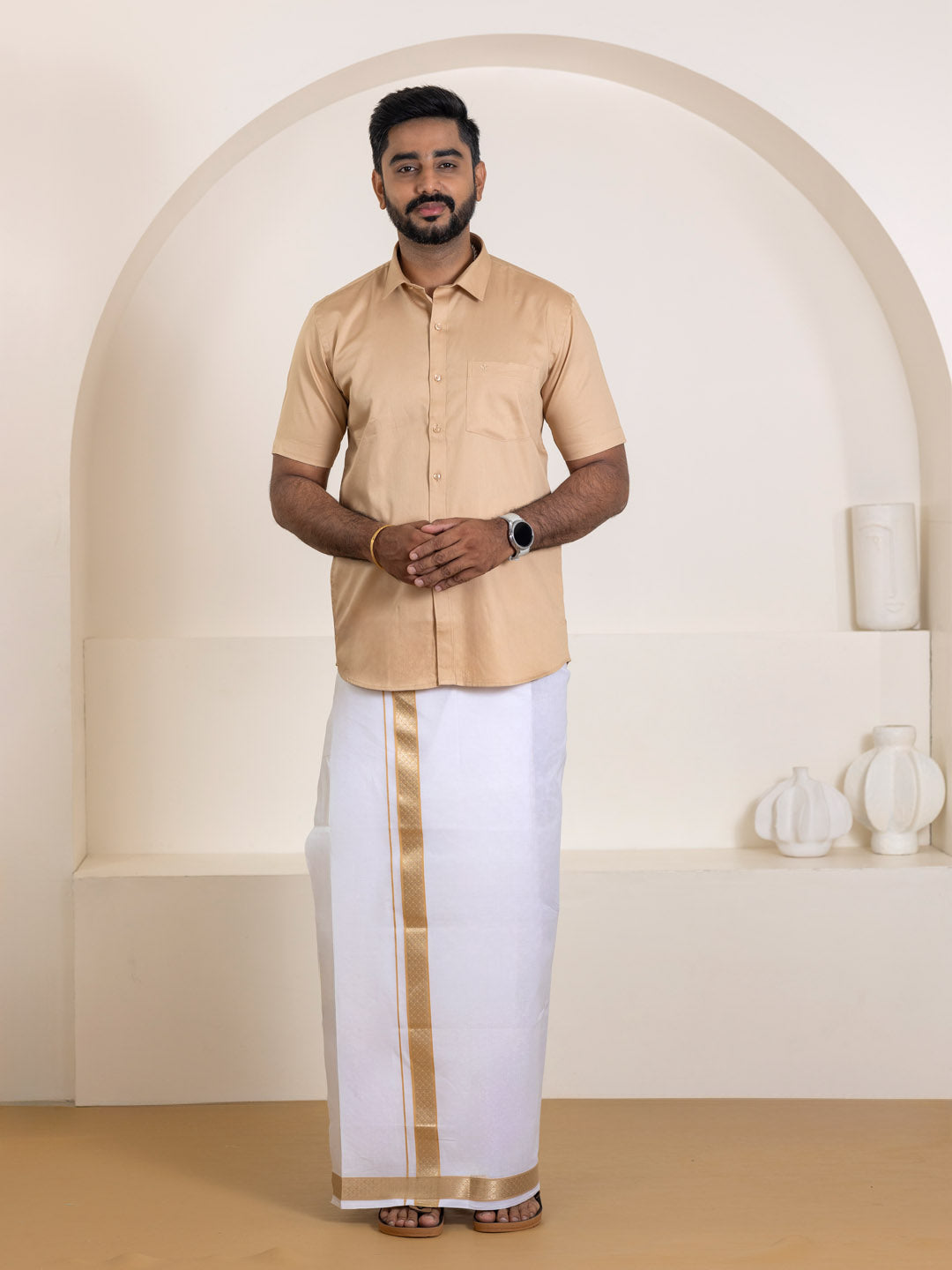 Men 100% Cotton Brown Shirt and Fancy Border Dhoti Set BT1