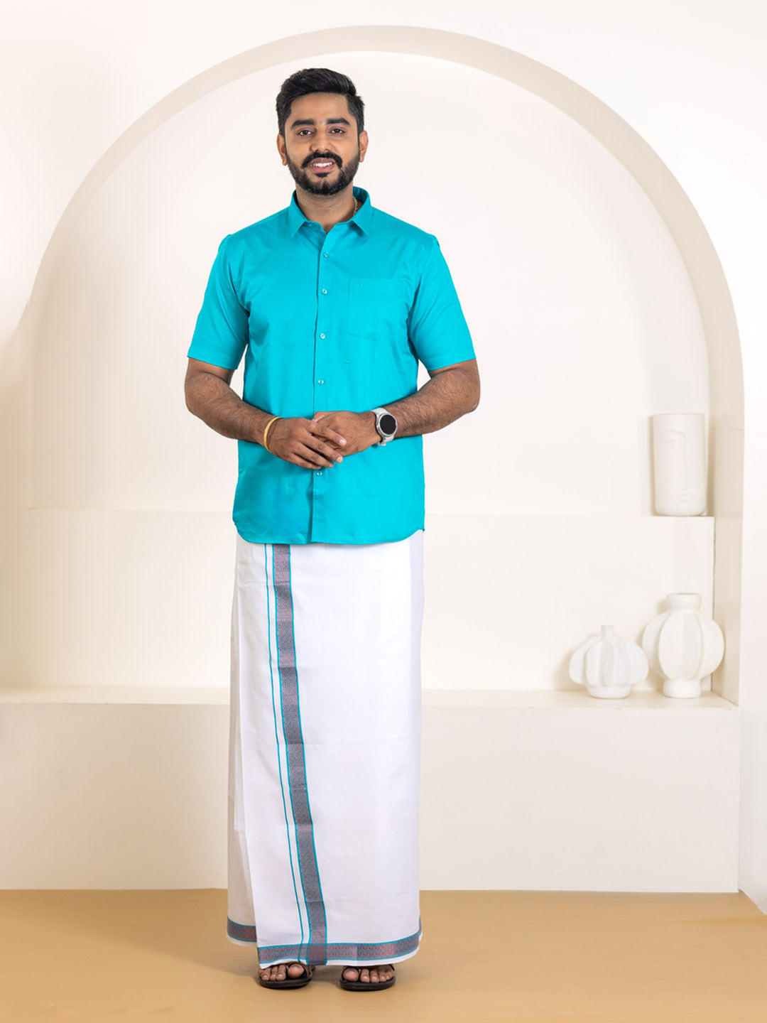 Men 100% Cotton Jungle Green Shirt and Fancy Border Dhoti Set BT11