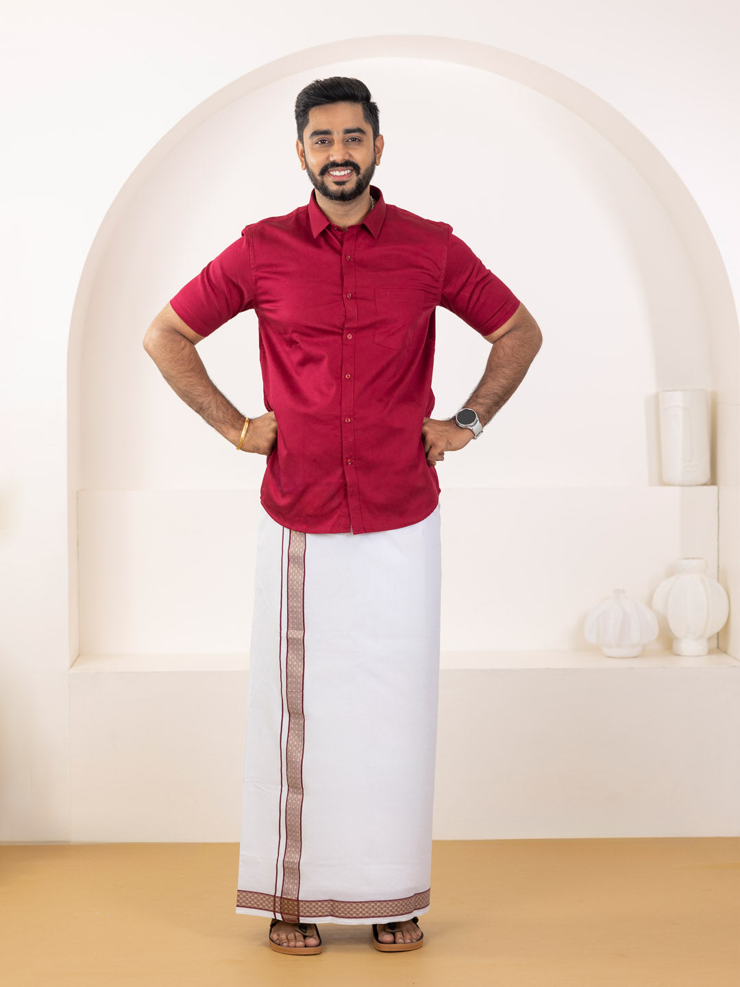 Men 100% Cotton Cherry Wood Shirt and Fancy Border Dhoti Set BT8