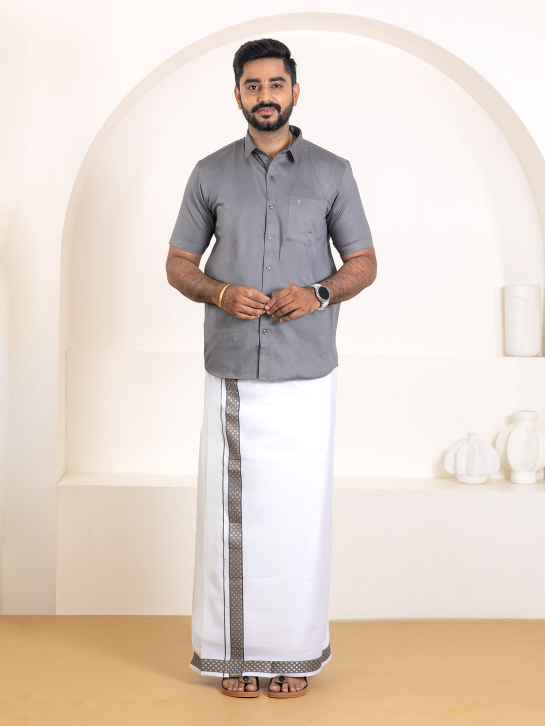 Men 100% Cotton Shuttle Grey Shirt and Fancy Border Dhoti Set BT6