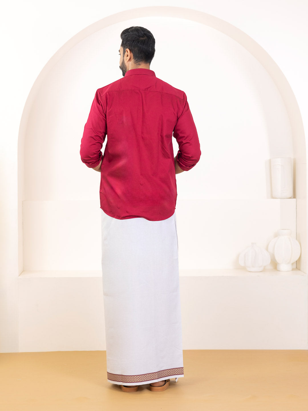 Men 100% Cotton Cherry Wood Shirt and Fancy Border Dhoti Set BT8
