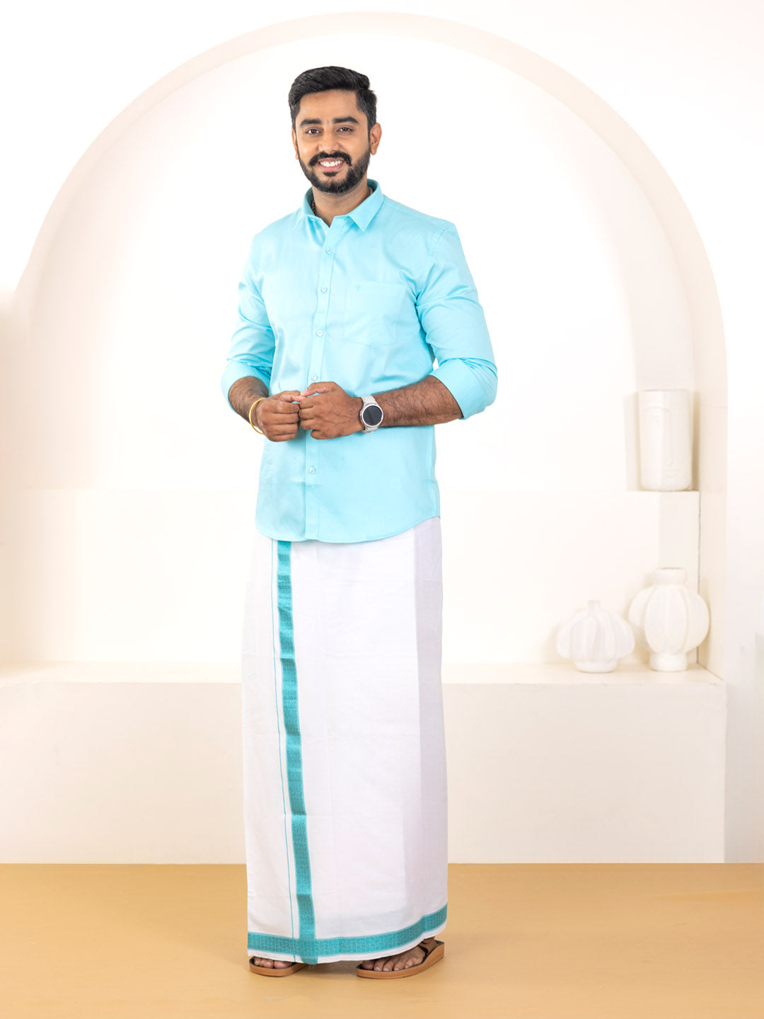 Men 100% Cotton Sky Blue Shirt and Fancy Border Dhoti Set BT5