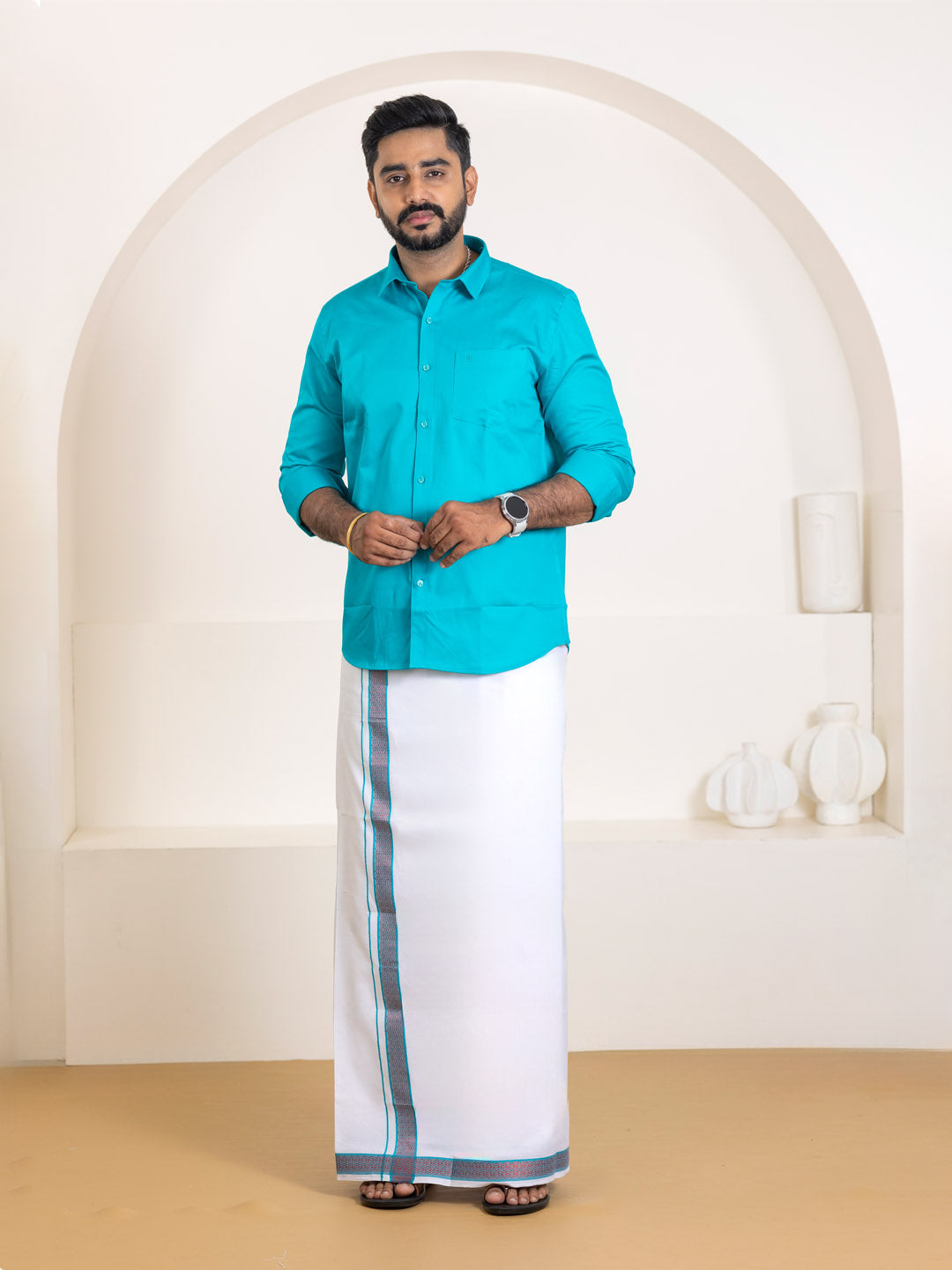 Men 100% Cotton Jungle Green Shirt and Fancy Border Dhoti Set BT11