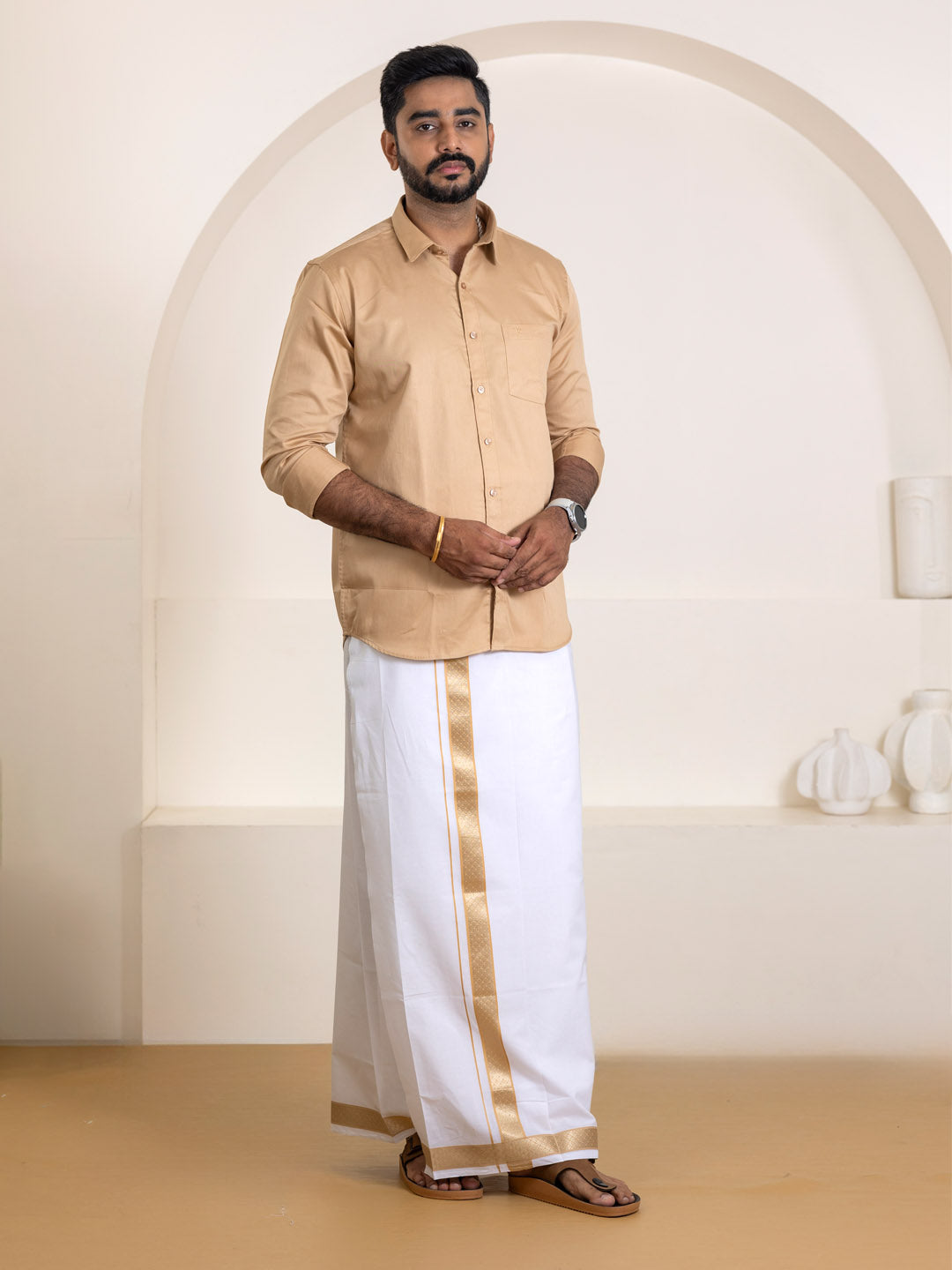 Men 100% Cotton Brown Shirt and Fancy Border Dhoti Set BT1