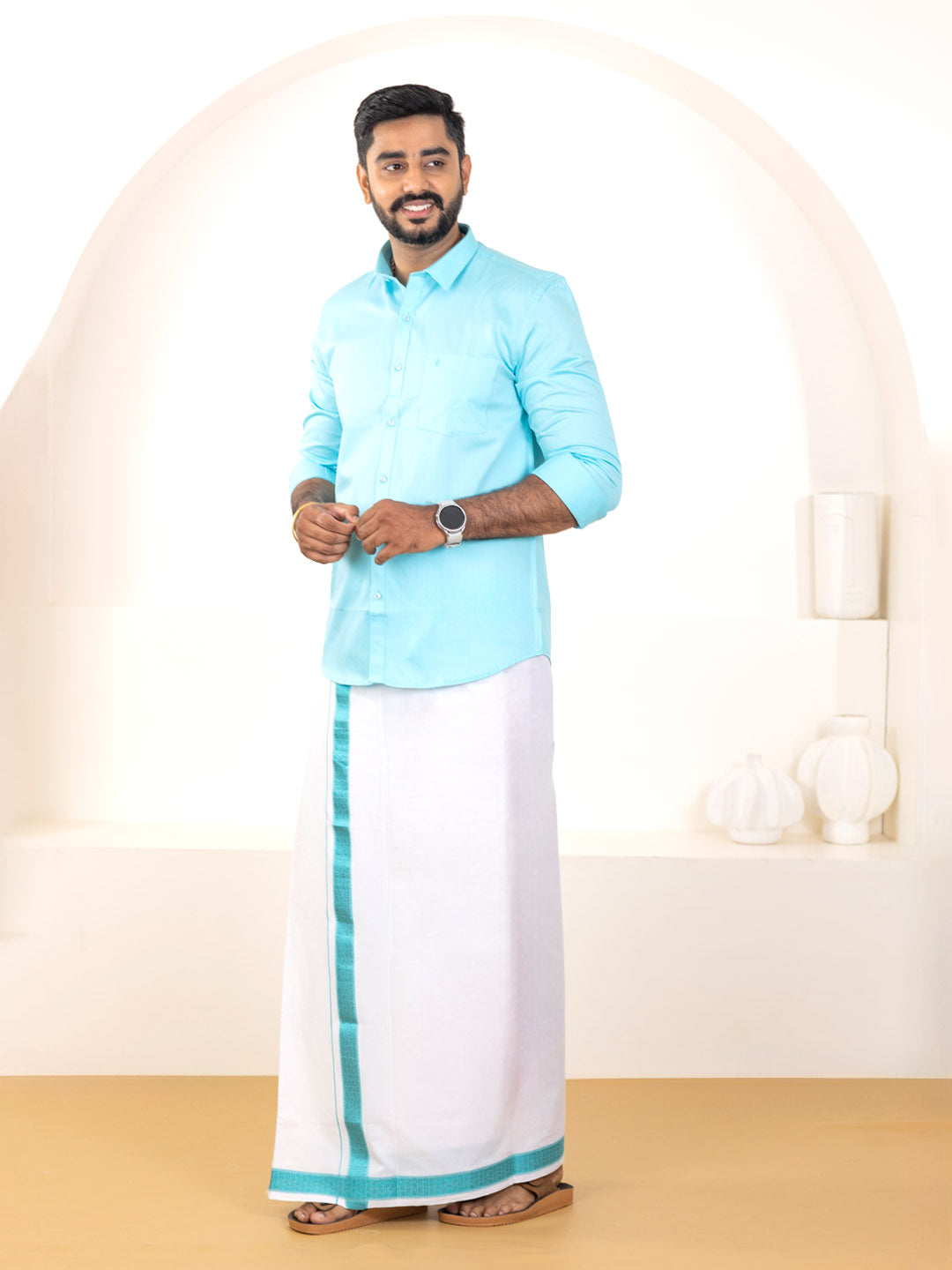 Men 100% Cotton Sky Blue Shirt and Fancy Border Dhoti Set BT5