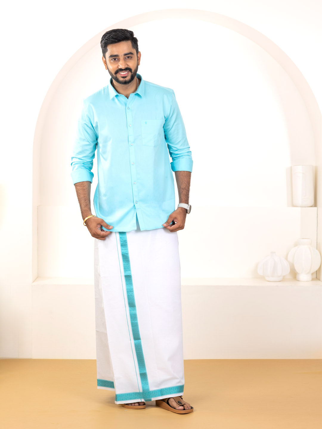 Men 100% Cotton Sky Blue Shirt and Fancy Border Dhoti Set BT5