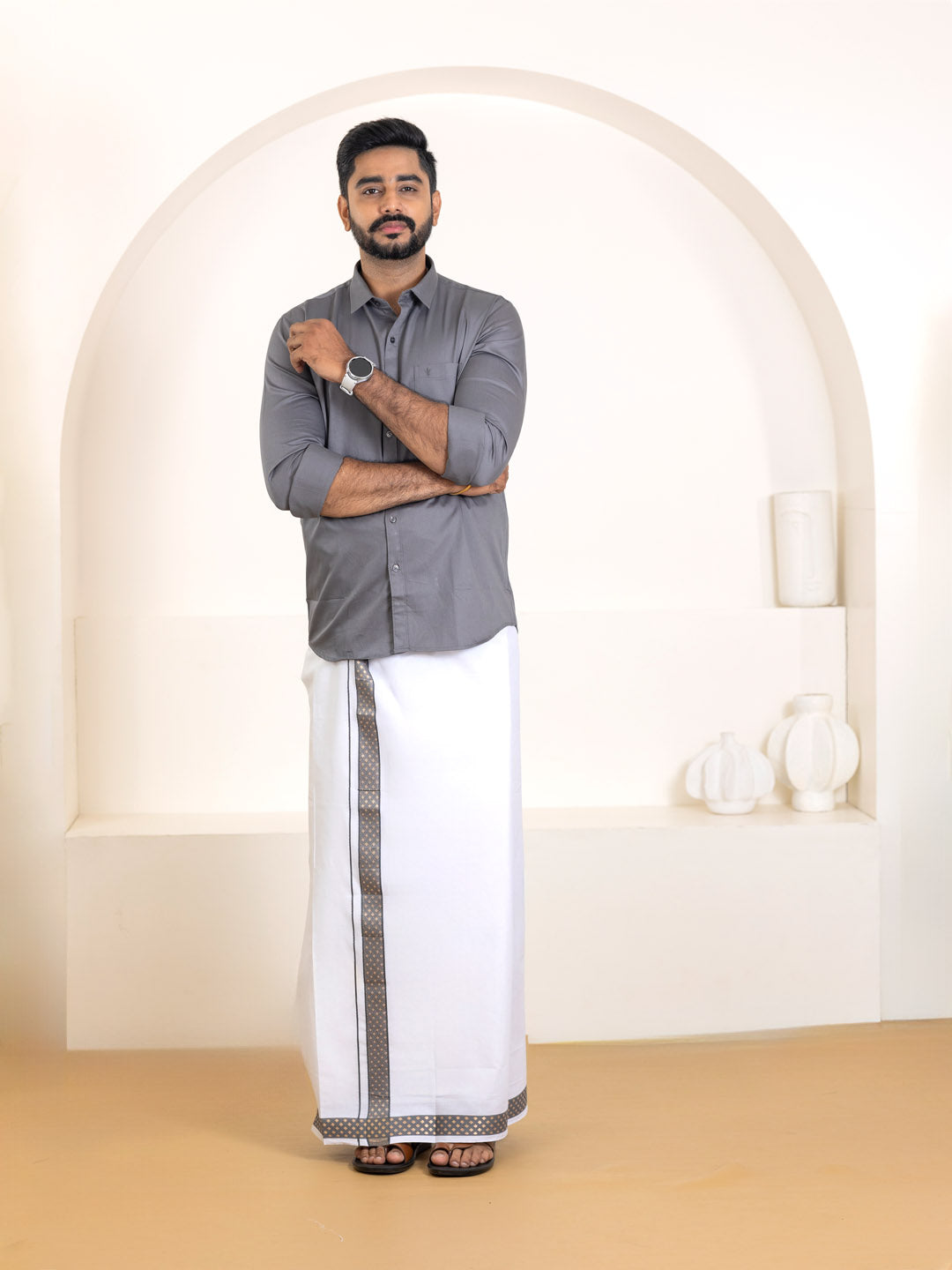 Men 100% Cotton Shuttle Grey Shirt and Fancy Border Dhoti Set BT6