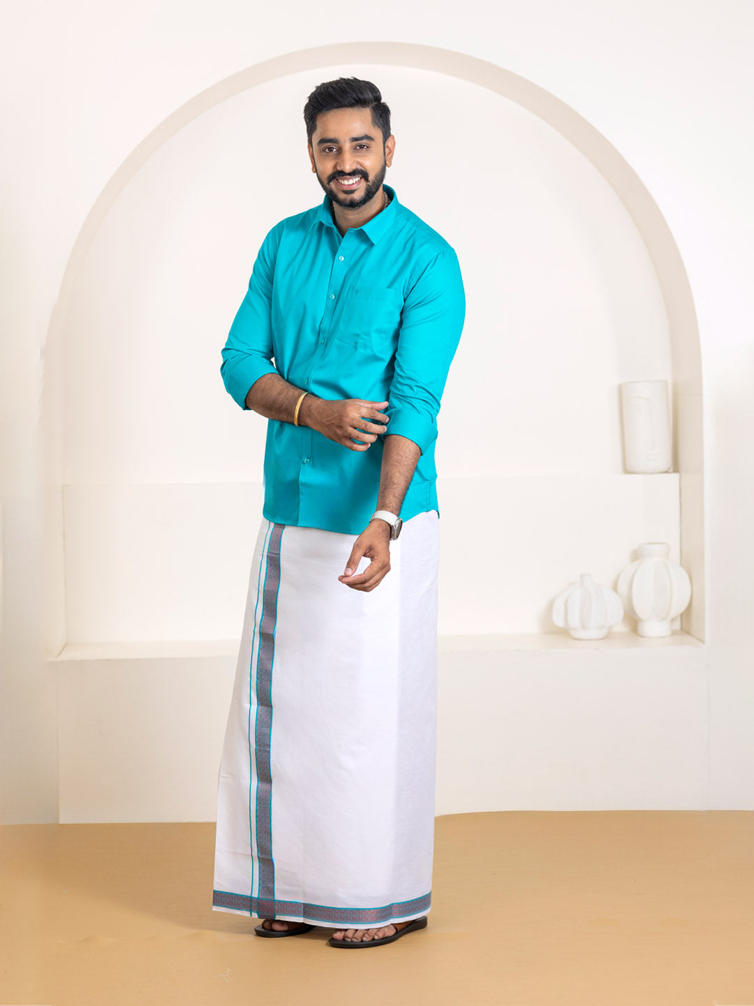 Men 100% Cotton Jungle Green Shirt and Fancy Border Dhoti Set BT11