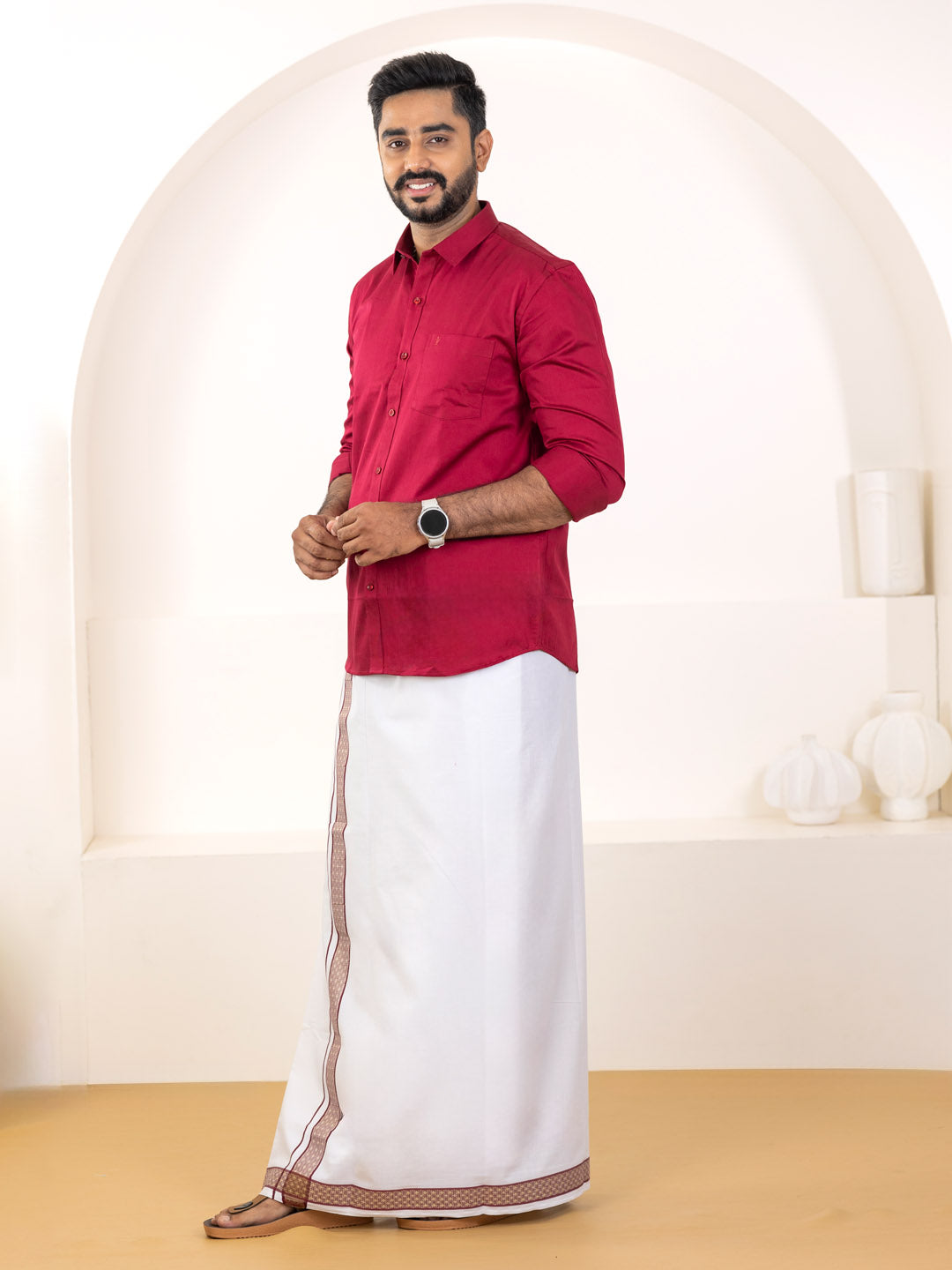 Men 100% Cotton Cherry Wood Shirt and Fancy Border Dhoti Set BT8