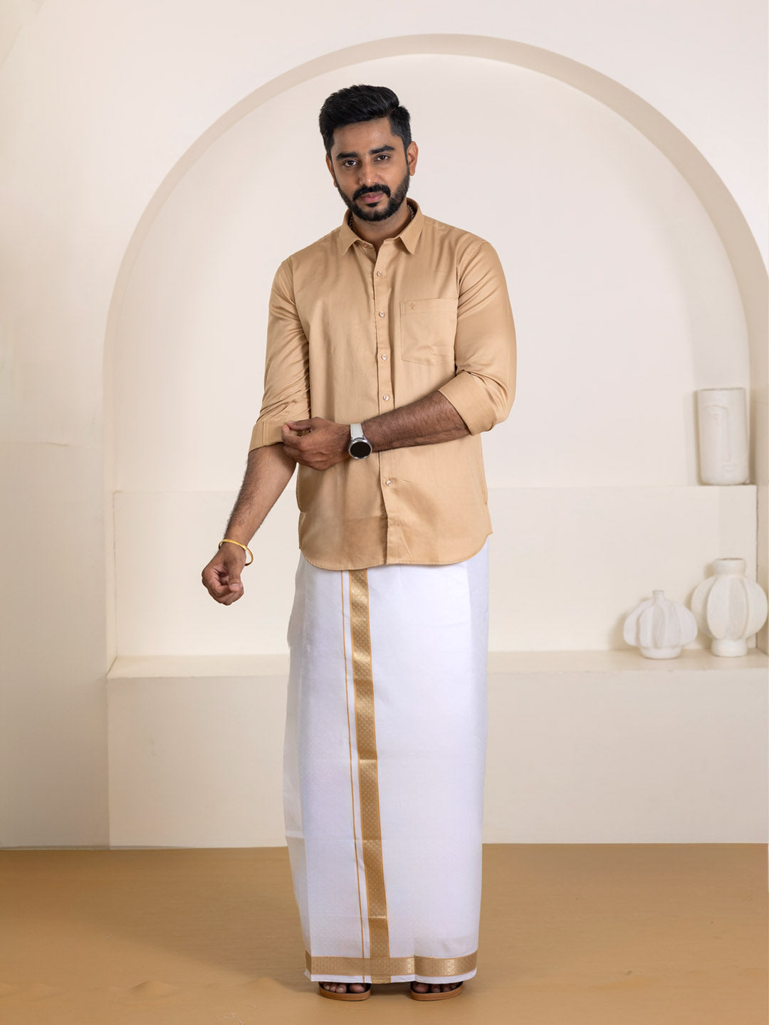 Men 100% Cotton Brown Shirt and Fancy Border Dhoti Set BT1