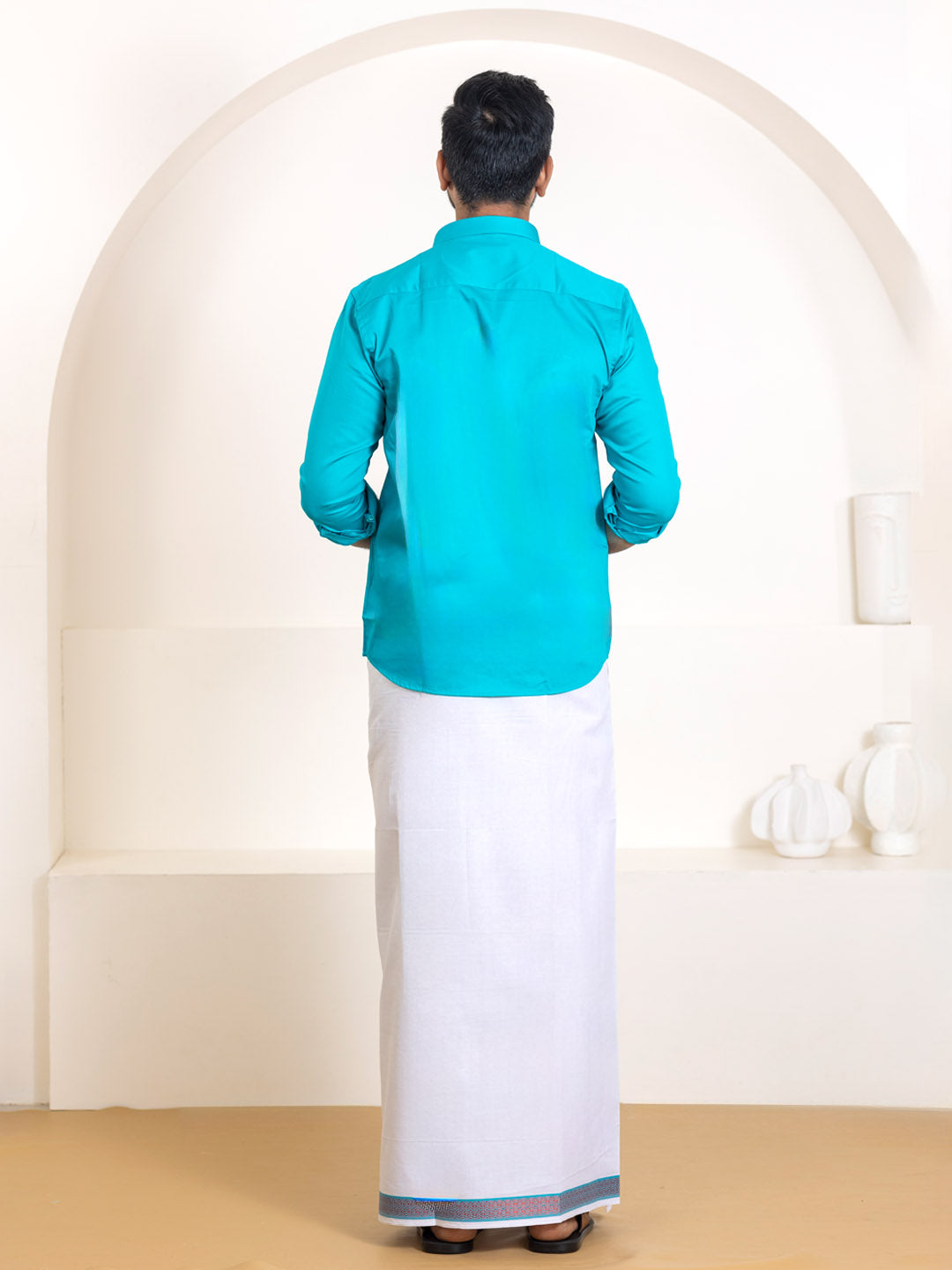 Men 100% Cotton Jungle Green Shirt and Fancy Border Dhoti Set BT11
