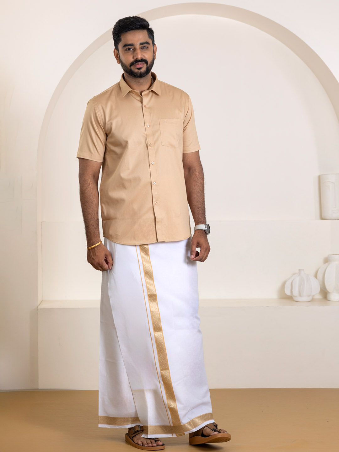 Men 100% Cotton Brown Shirt and Fancy Border Dhoti Set BT1