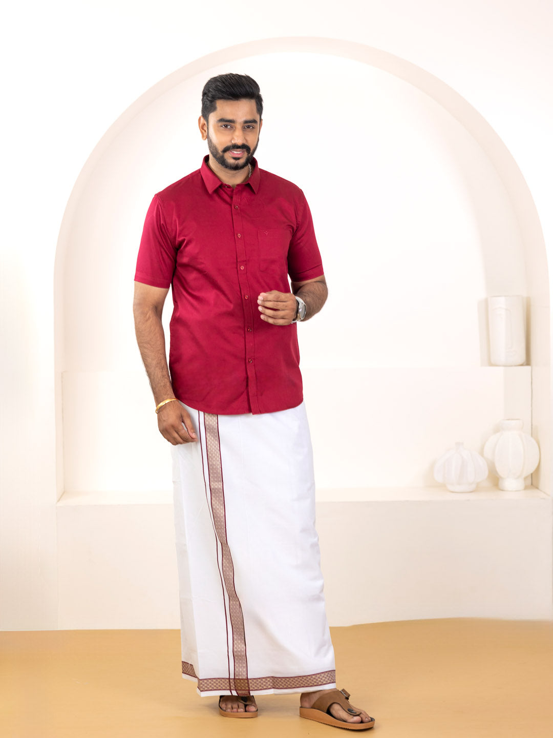 Men 100% Cotton Cherry Wood Shirt and Fancy Border Dhoti Set BT8