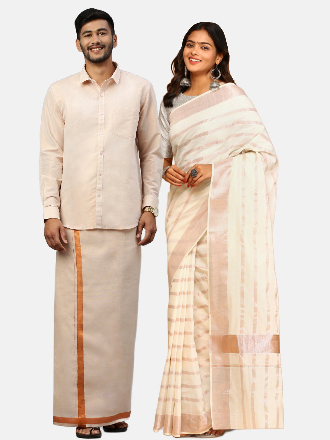 Couple Combo Tissue Copper Jari Dhoti Shirt Set with Kerala Saree KS119