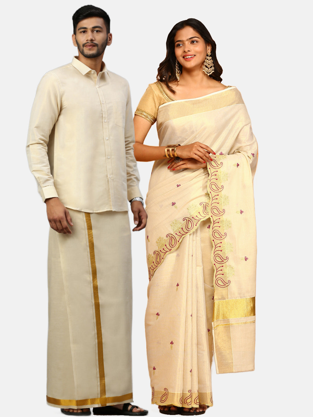 Couple Combo Tissue Gold Jari Dhoti Shirt Set with Kerala Saree KS124