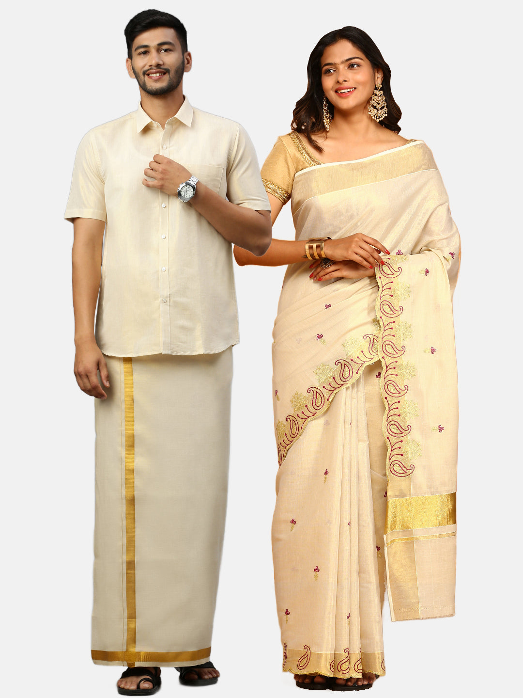 Couple Combo Tissue Gold Jari Dhoti & Shirt Set with Kerala Saree KS124