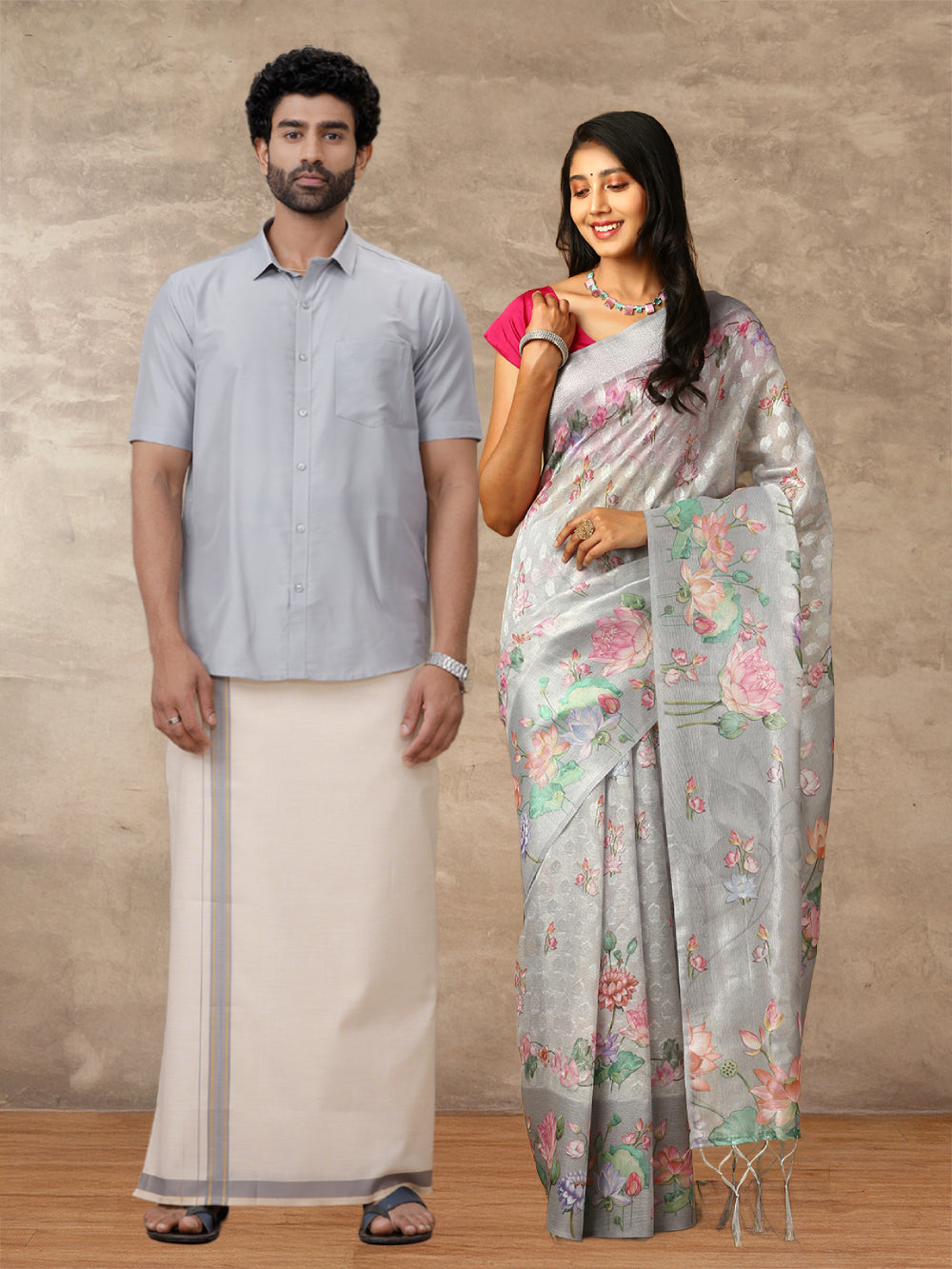 Couple Combo Shirt & Dhoti Set with Saree Grey SS314