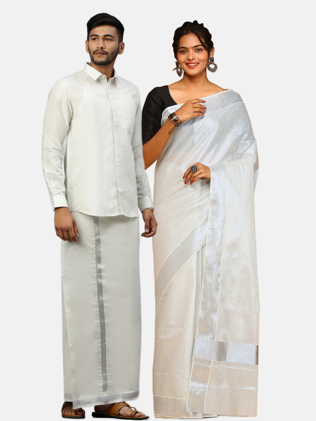 Couple Combo Tissue Silver Jari Dhoti Shirt Set with Tissue Saree KS103