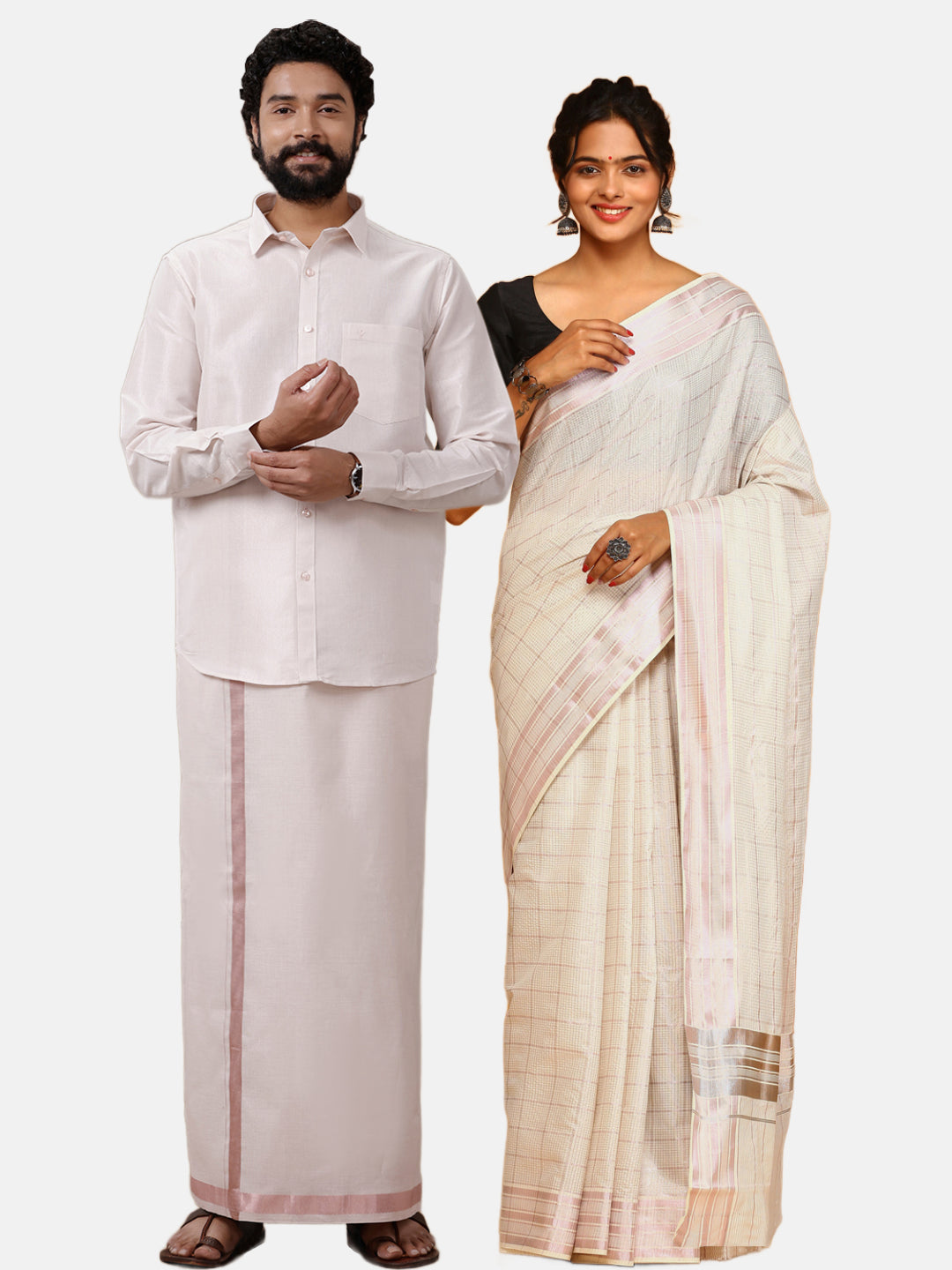 Couple Combo Tissue Rose Gold Jari Dhoti Shirt Set with Kerala Saree KS121