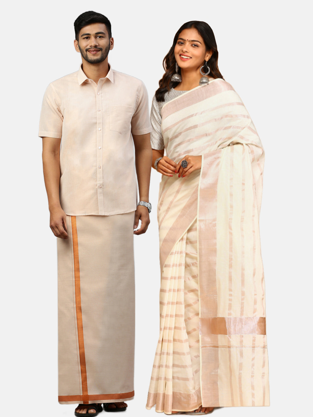 Couple Combo Tissue Copper Jari Dhoti & Shirt Set with Kerala Saree KS119