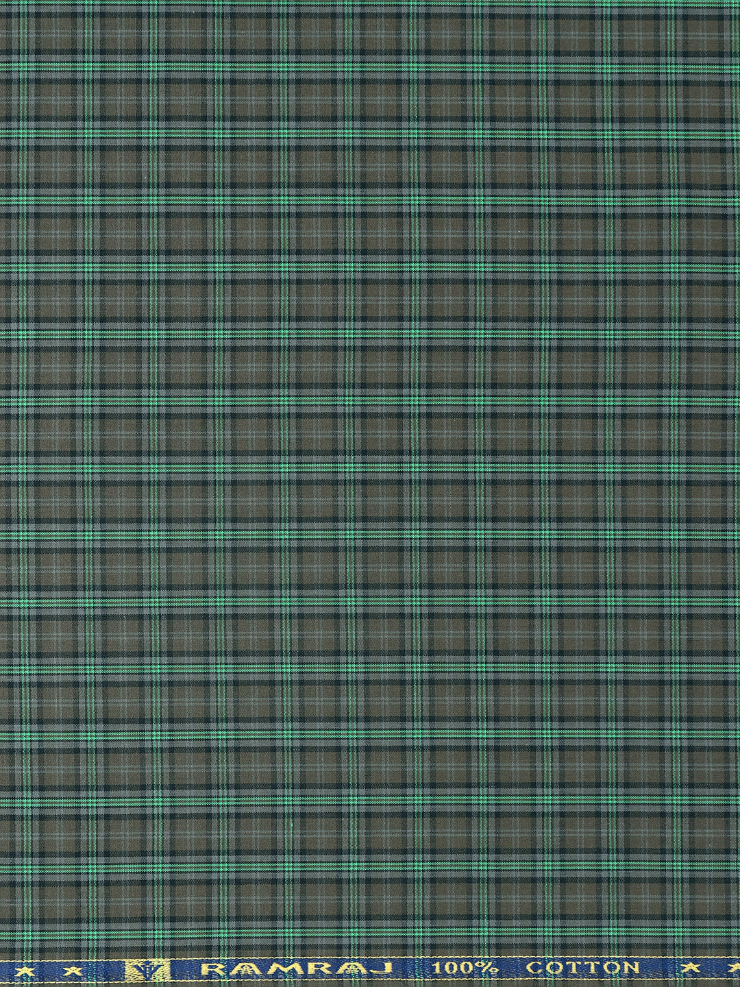 Mens Cotton Blend Checked Shirt Fabric Brown with Green Vibgiyor Bit