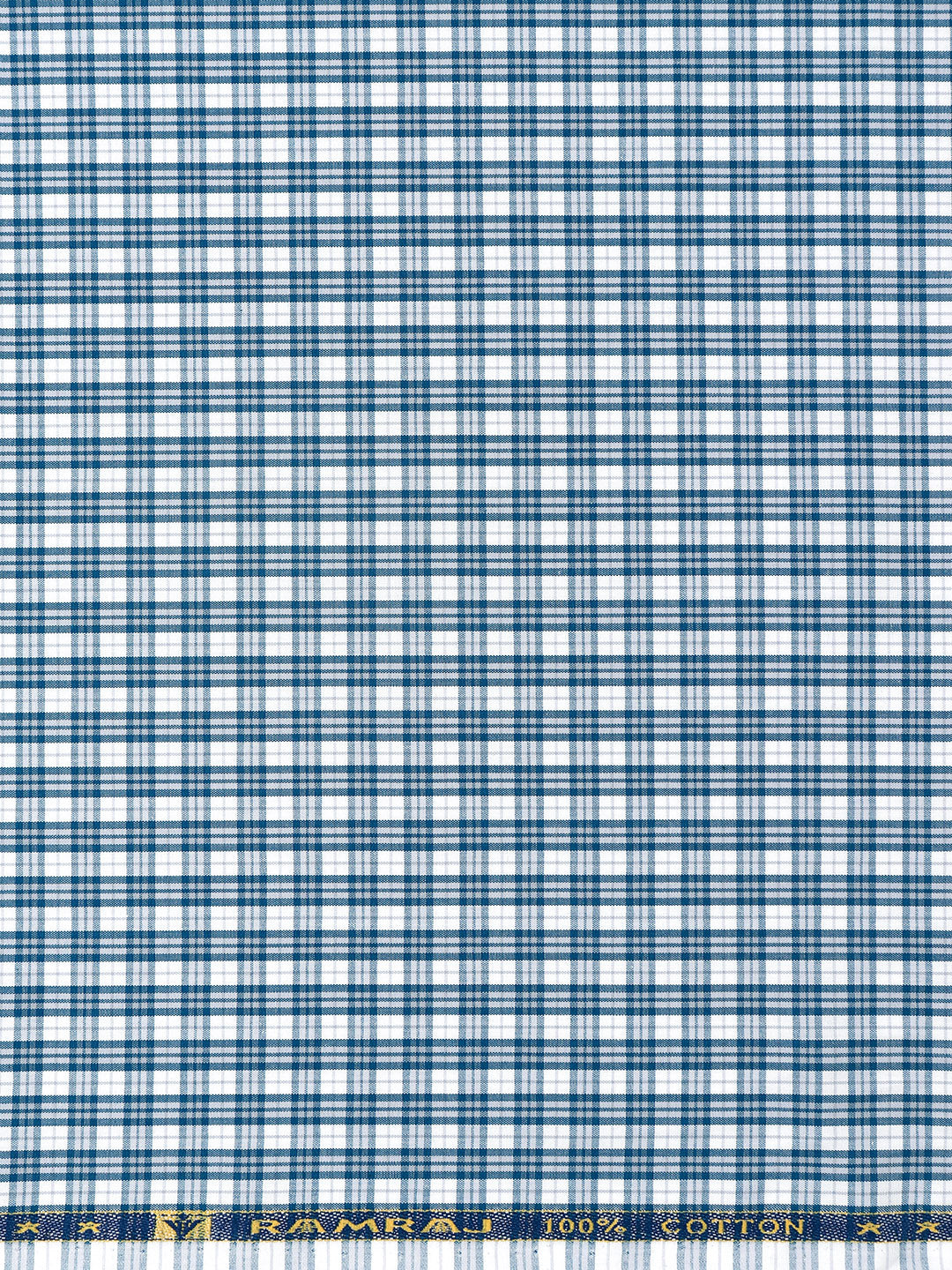 Mens Cotton Blend Checked Shirt Fabric Blue with White Vibgiyor Bit