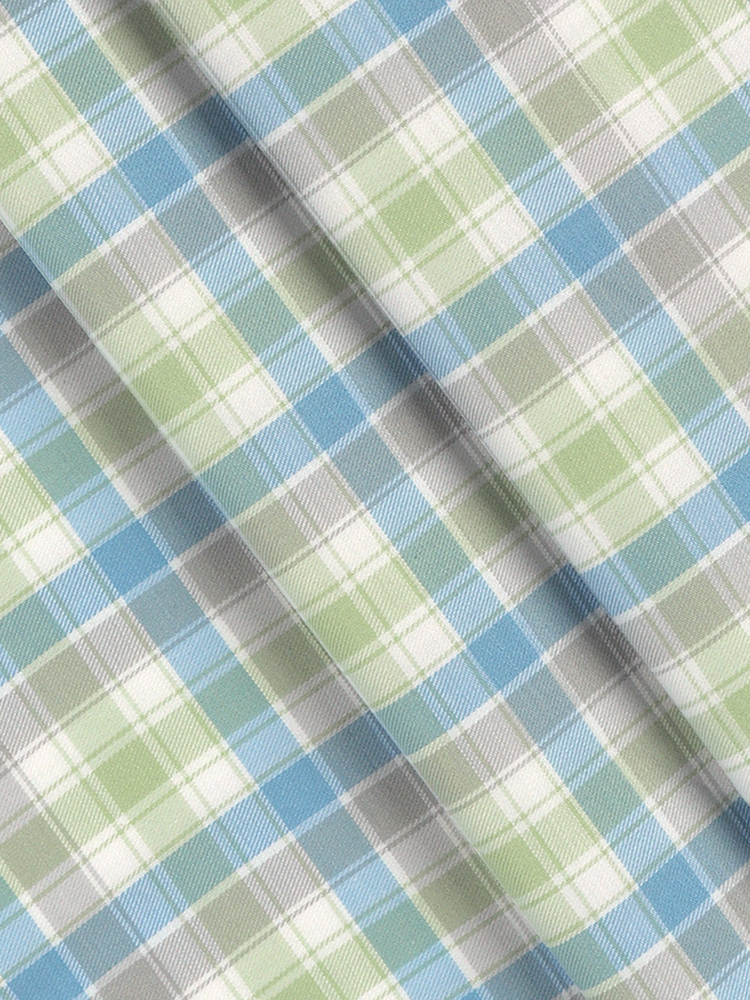 Men Giza Cotton Blend Checked Shirt Fabric Light Green with Blue Cascade