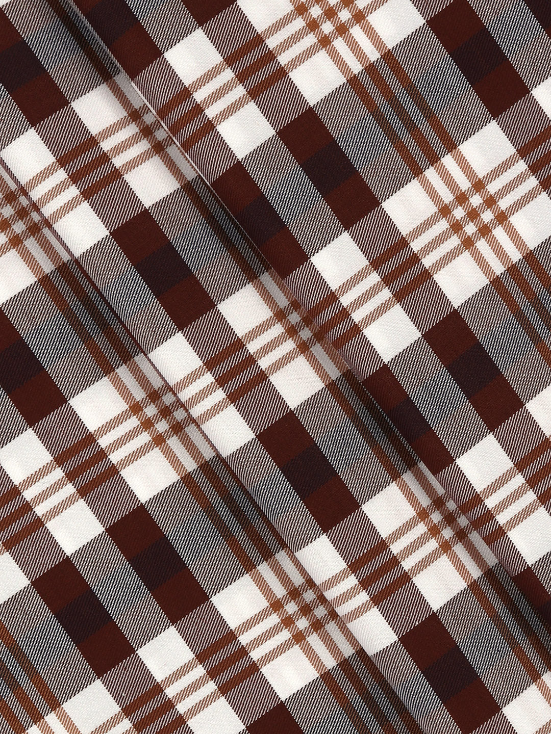 Men's Giza Cotton Checked Shirt Fabric White with Brown Cascade