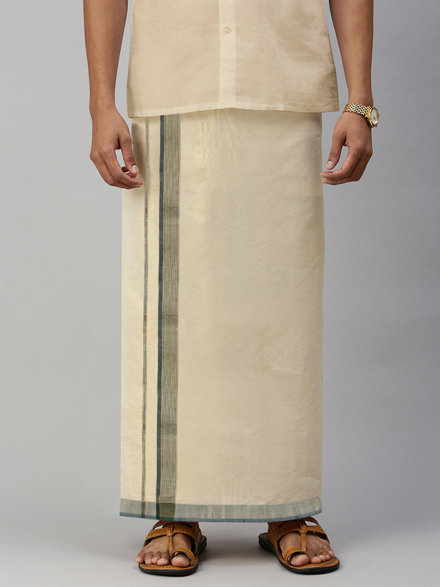 Mens Regular Single Tissue Dhoti with Light Green Jari Border Clever Fancy
