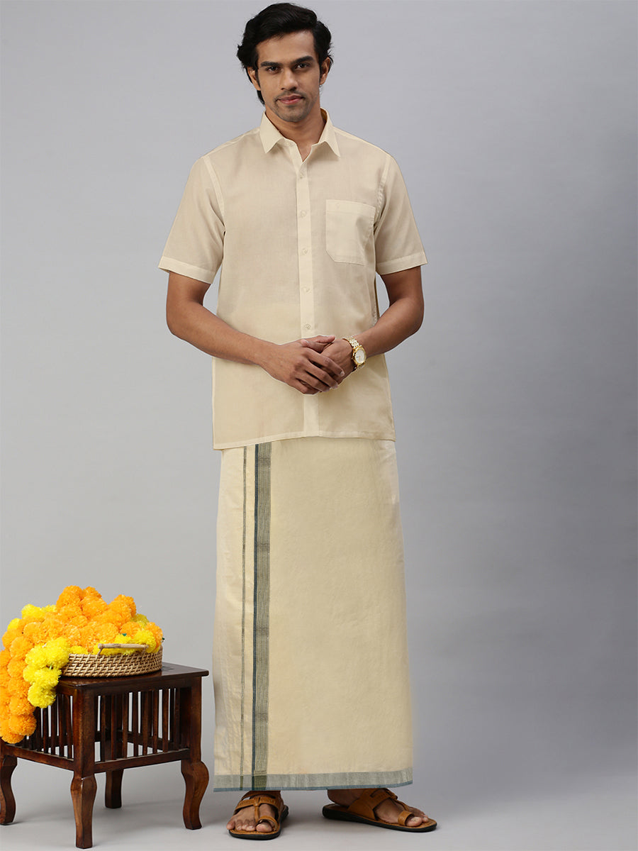 Mens Regular Single Tissue Dhoti with Light Green Jari Border Clever Fancy-Full view