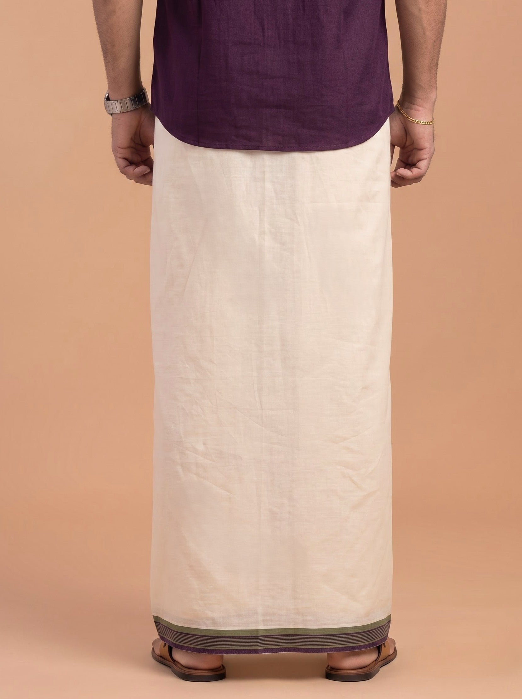 Double Layer Supima Cotton Cream Kora Dhoti with Colour Border - LC35