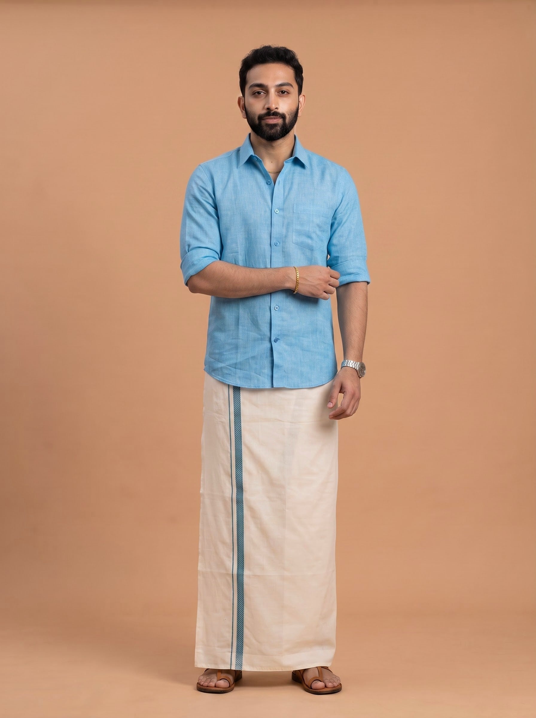 Double Layer 100% Cotton Cream Kora Dhoti with Colour Border - MK02