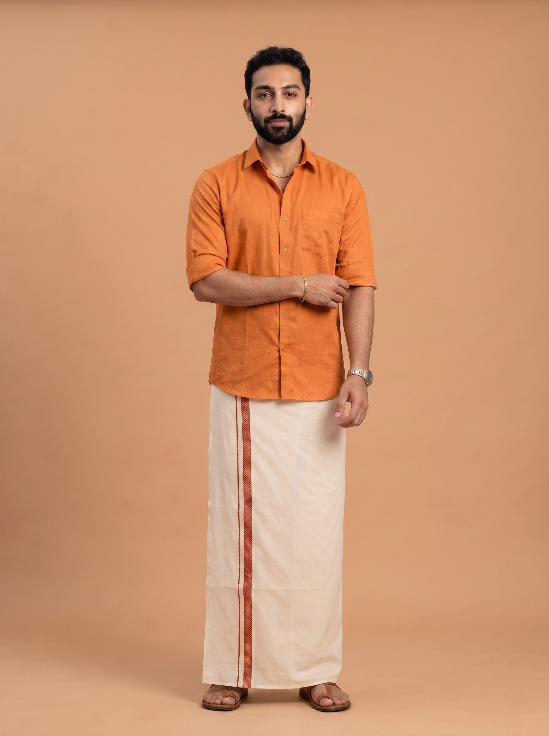 Double Layer 100% Cotton Cream Kora Dhoti with Colour Border - MK03