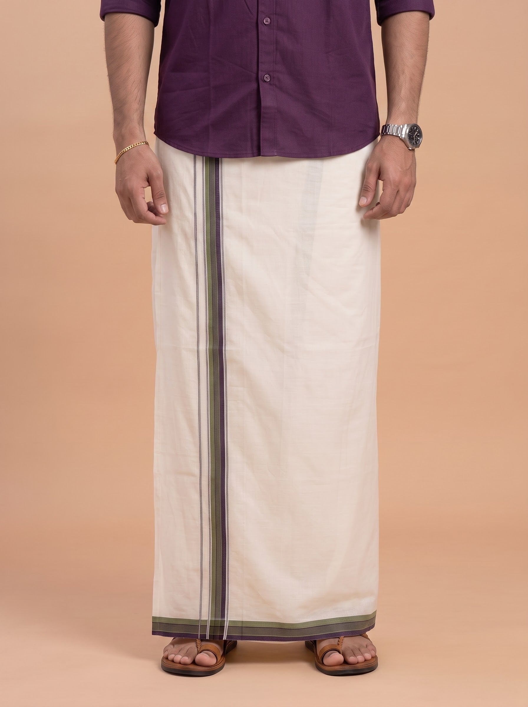 Double Layer Supima Cotton Cream Kora Dhoti with Colour Border - LC35