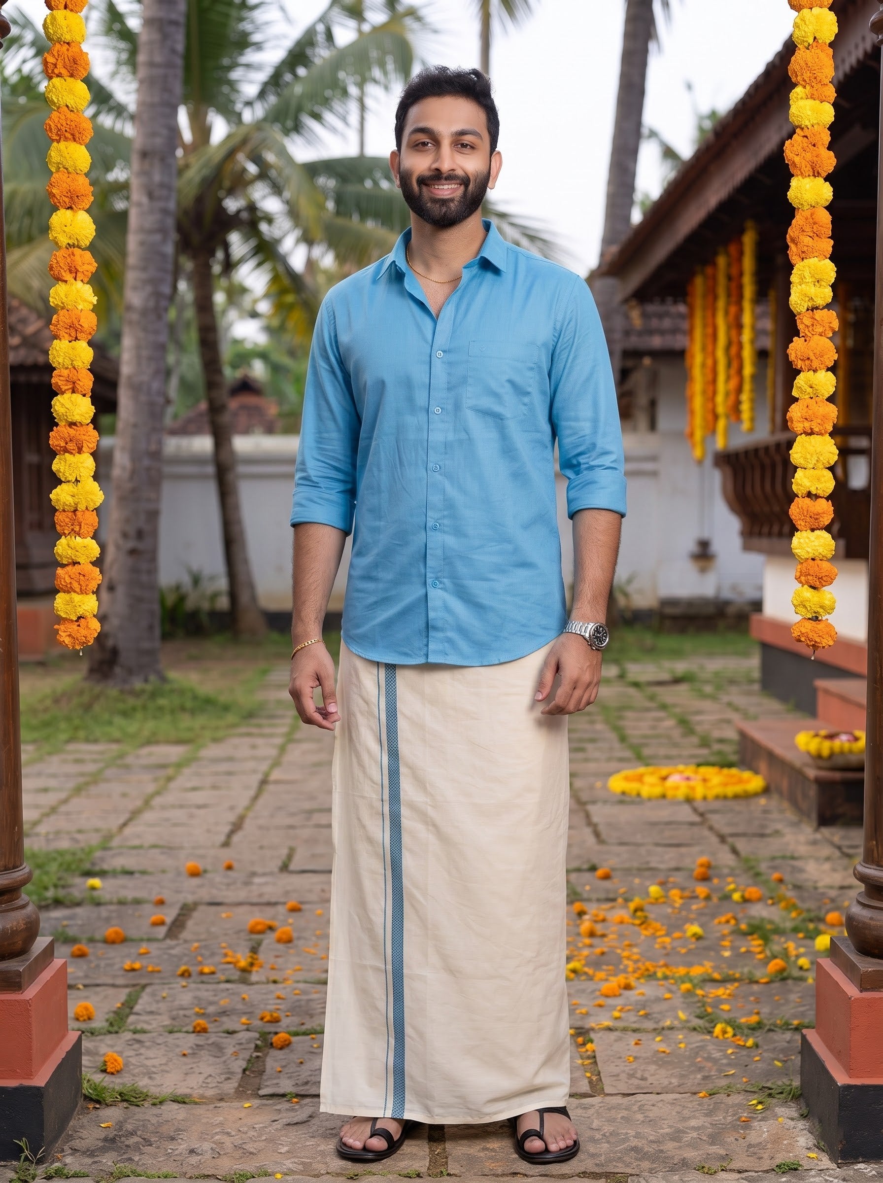 Double Layer 100% Cotton Cream Kora Dhoti with Colour Border - MK02
