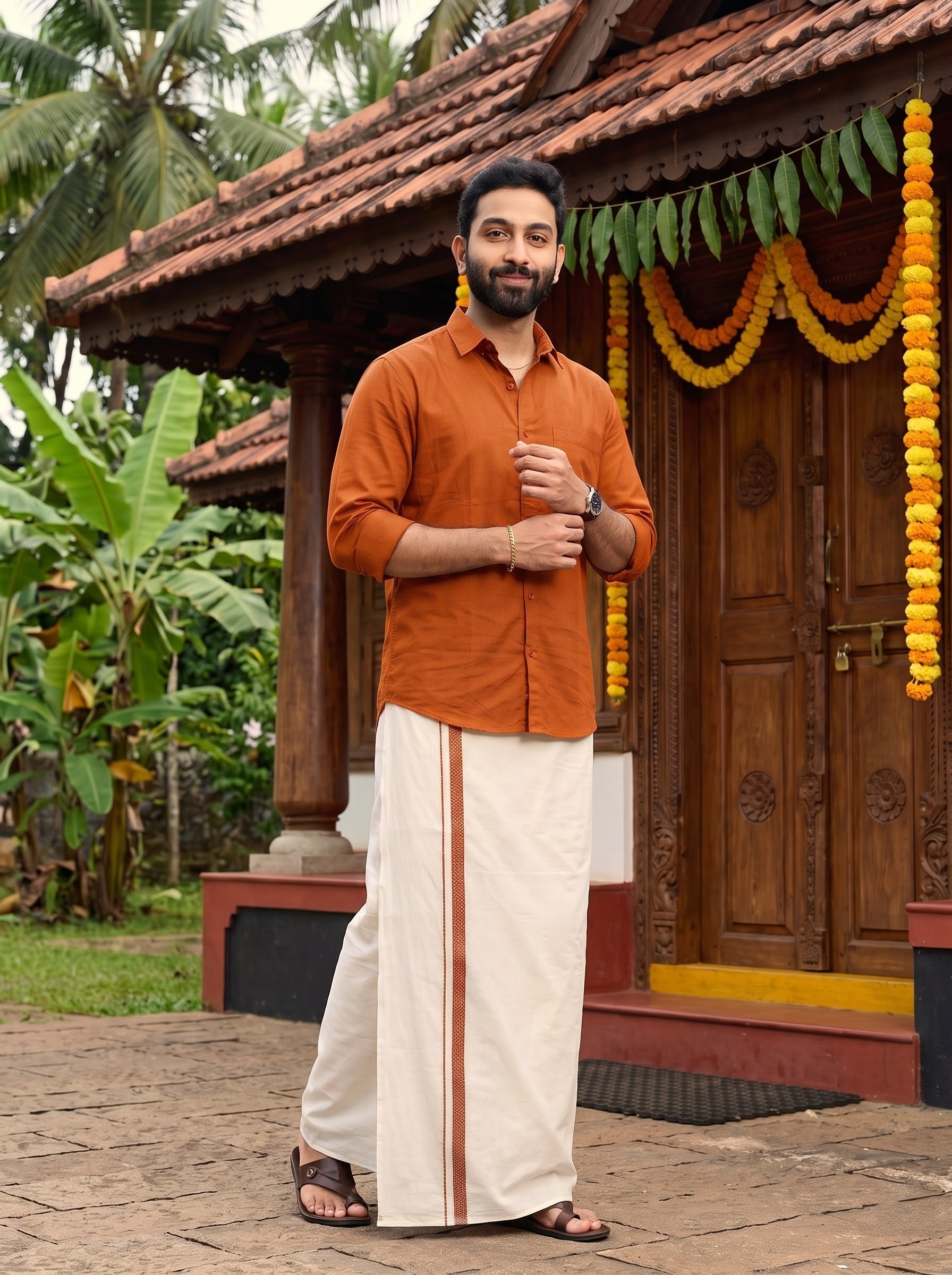 Double Layer 100% Cotton Cream Kora Dhoti with Colour Border - MK03