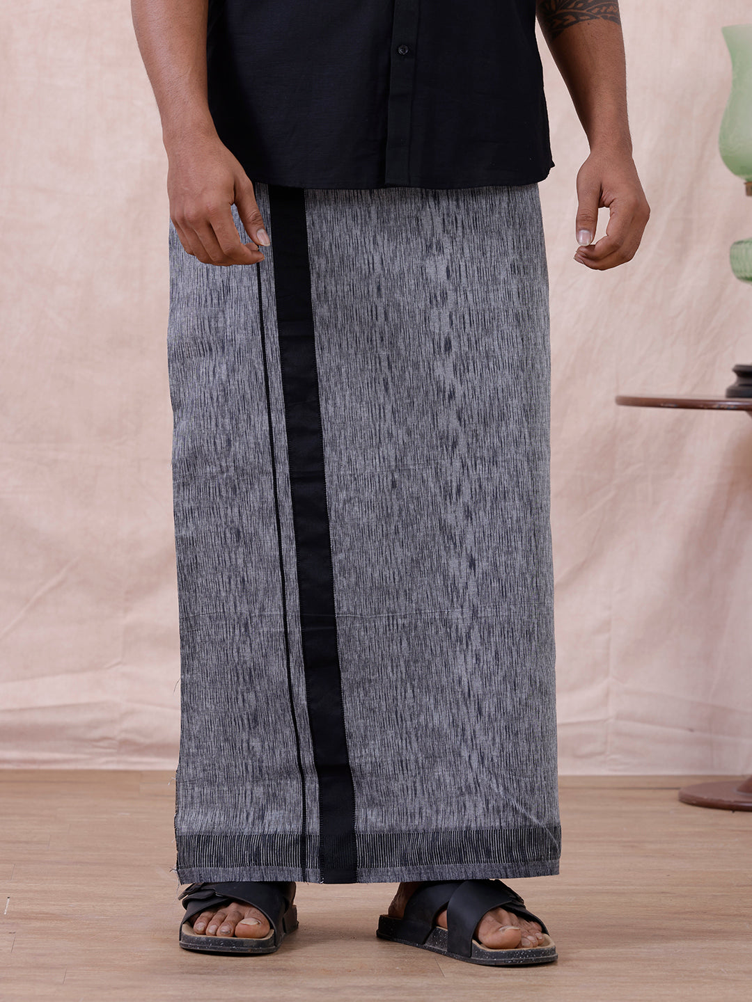 Men Cotton Blend Single Layer Grey Dhoti with Fancy Border Nitro Slub 02