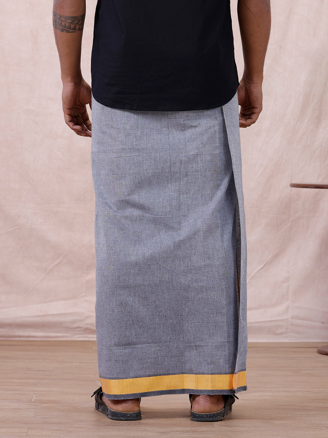 Men Cotton Blend Single Layer Grey Dhoti with Fancy Border Nitro Plain 03