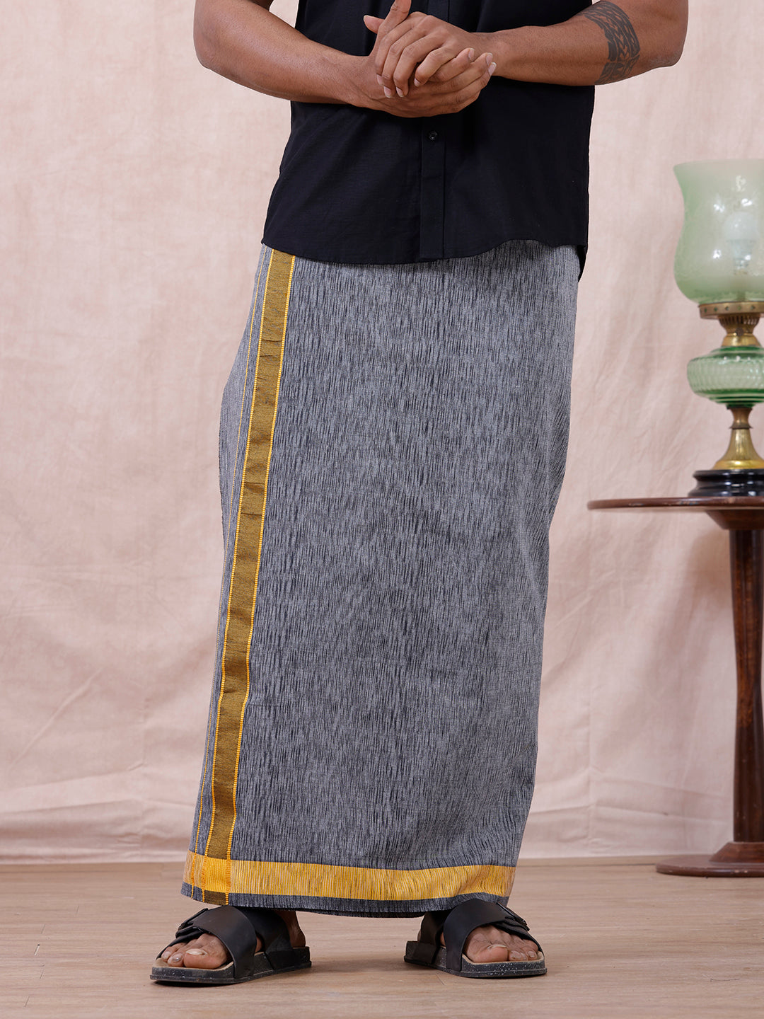 Men Cotton Blend Single Layer Grey Dhoti with Fancy Border Nitro Slub 03