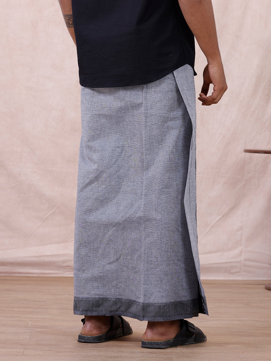 Men Cotton Blend Single Layer Grey Dhoti with Fancy Border Nitro Plain 02