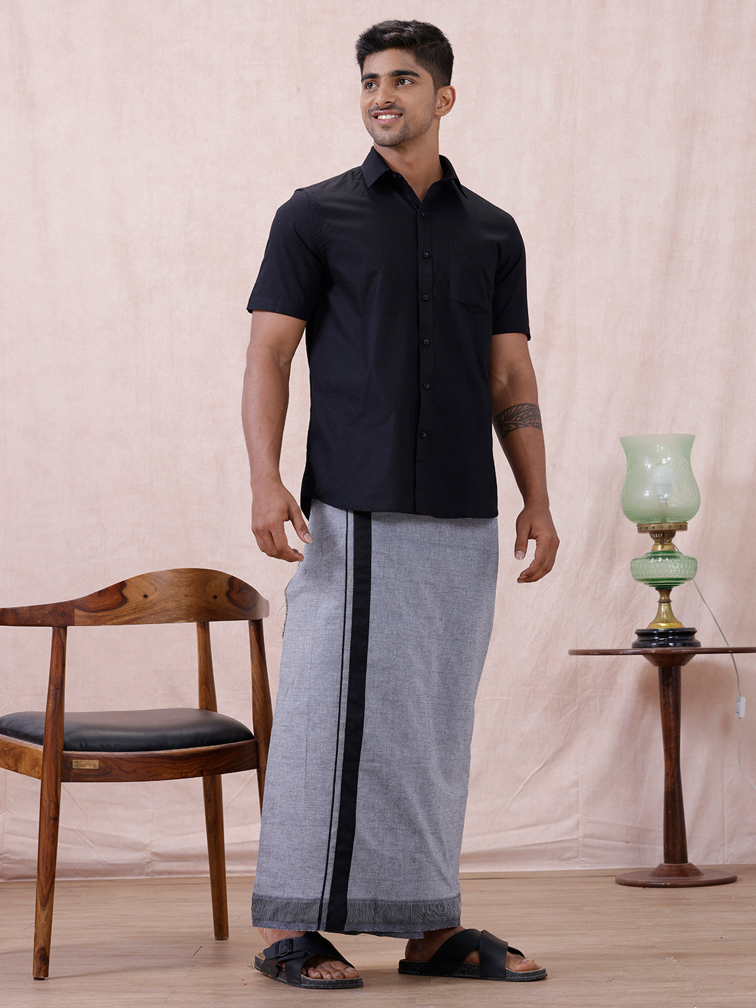 Men Cotton Blend Single Layer Grey Dhoti with Fancy Border Nitro Plain 02