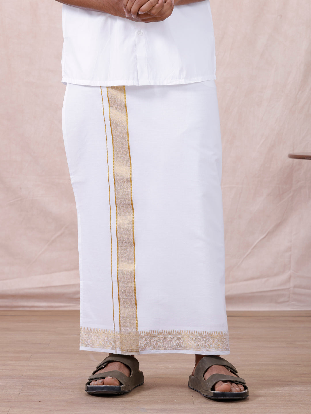 Men Cotton Blend Readymade Double Layer White Dhoti with Gold Jari Border GAA01