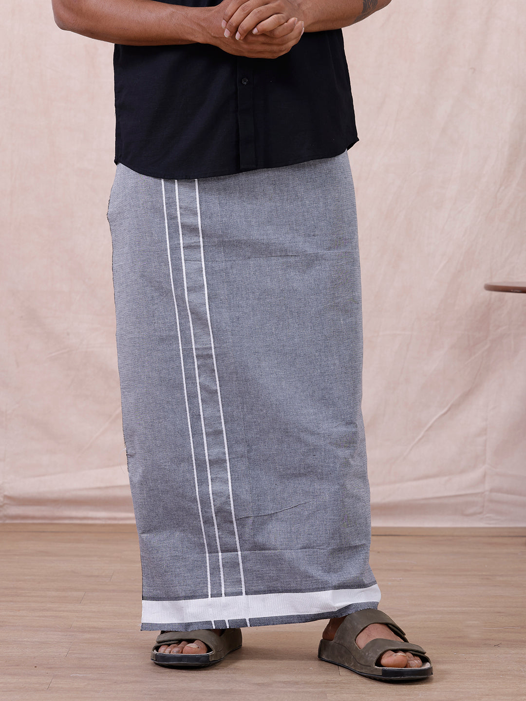 Men Cotton Blend Single Layer Grey Dhoti with Fancy Border Nitro Plain 01