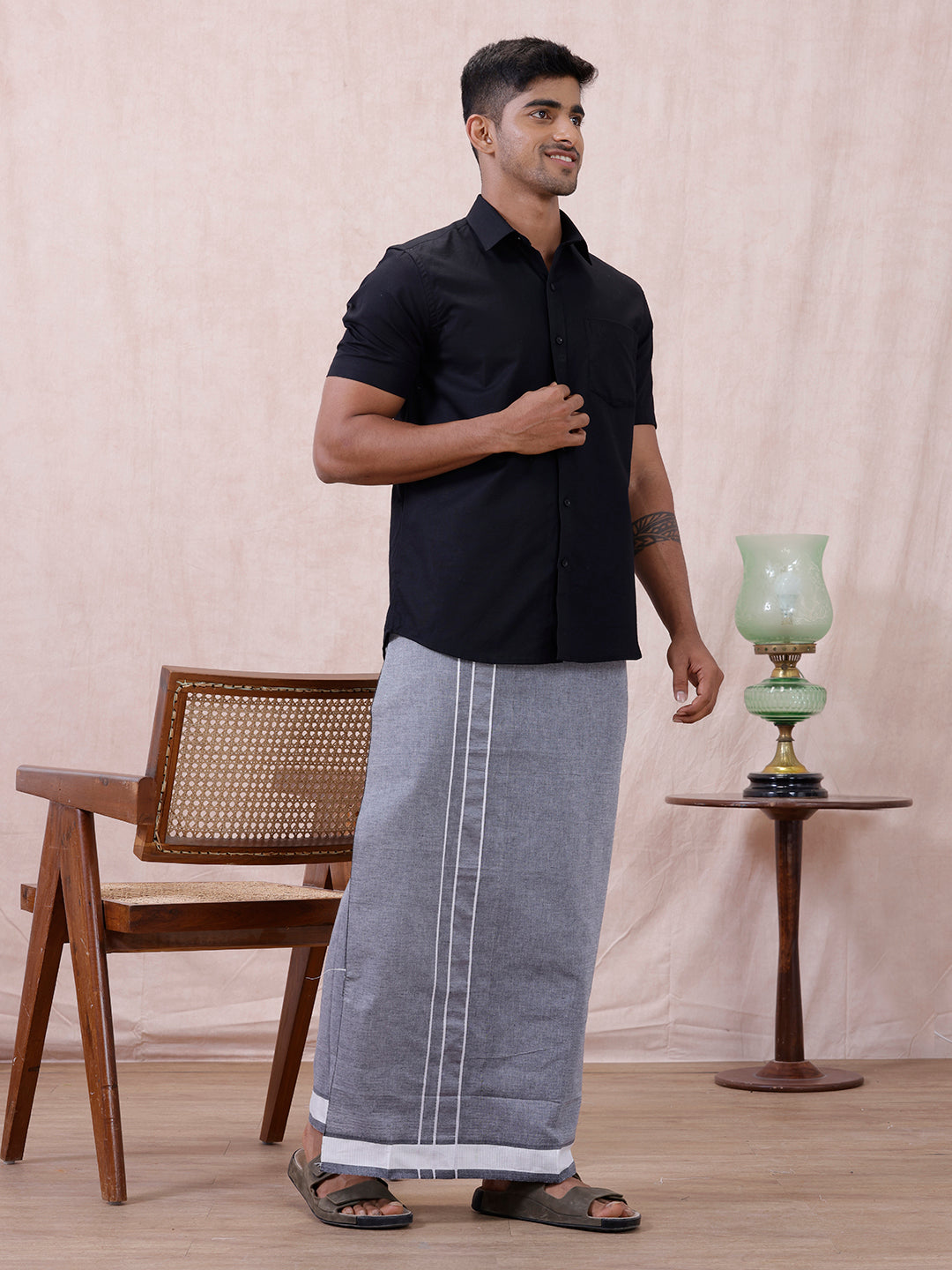 Men Cotton Blend Single Layer Grey Dhoti with Fancy Border Nitro Plain 01