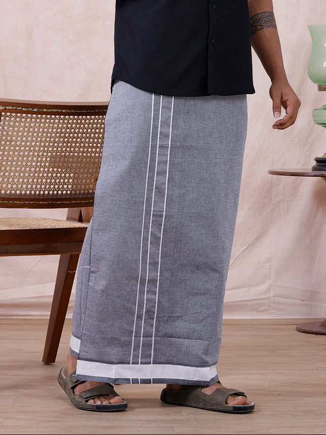 Men Cotton Blend Single Layer Grey Dhoti with Fancy Border Nitro Plain 01