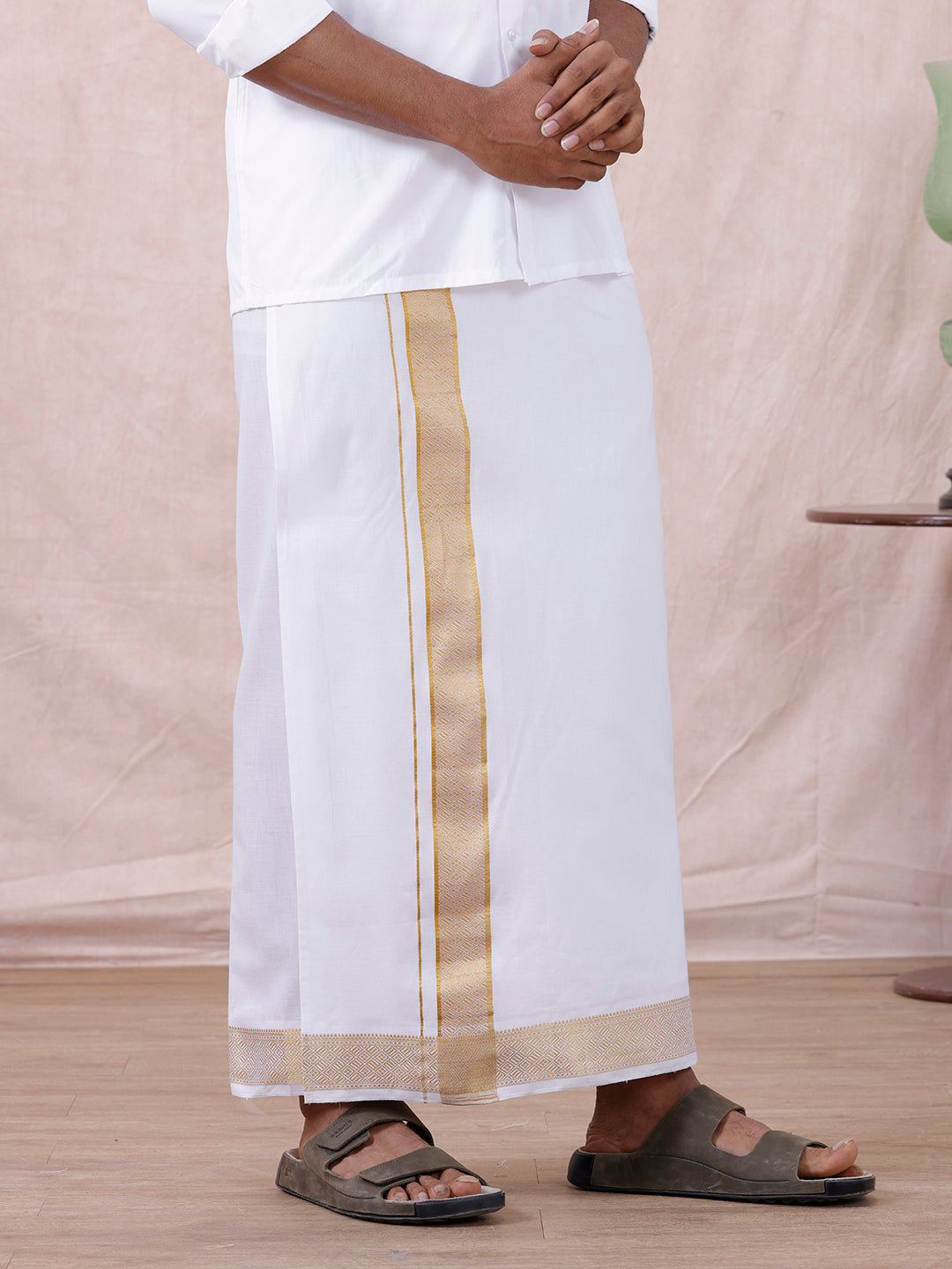 Men Cotton Blend Readymade Double Layer White Dhoti with Gold Jari Border GAA05