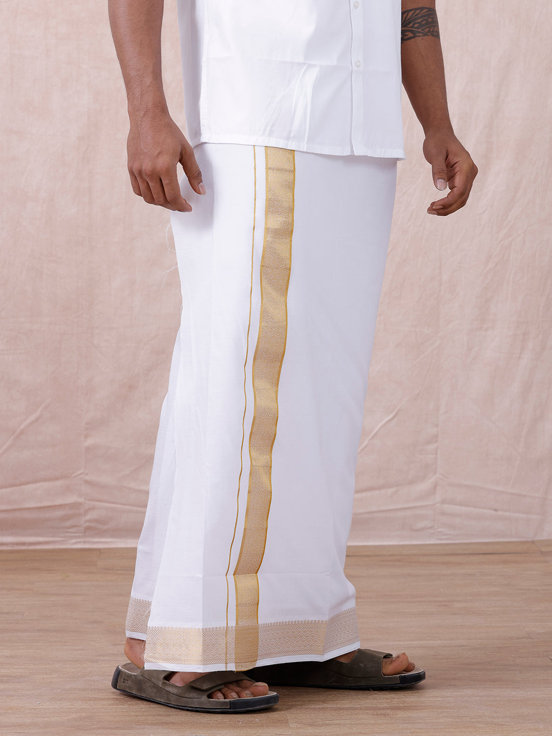 Men 100% Cotton Single Layer White Dhoti with Gold Jari Border Aura 297