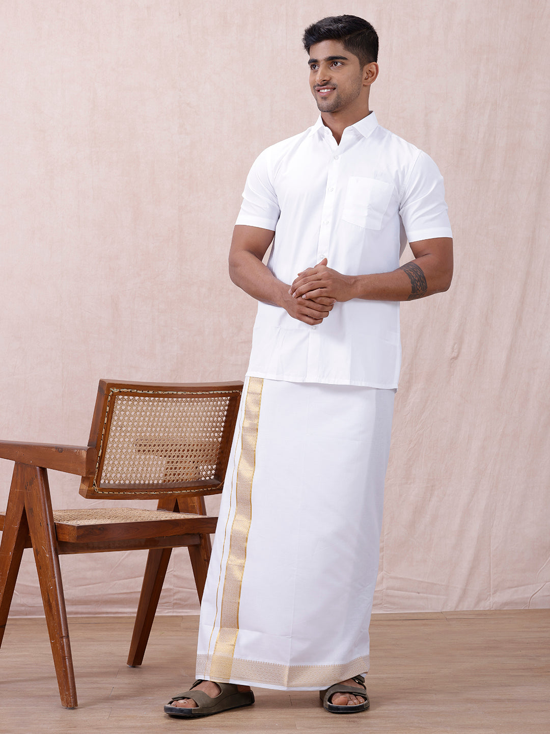 Men 100% Cotton Single Layer White Dhoti with Gold Jari Border Aura 297
