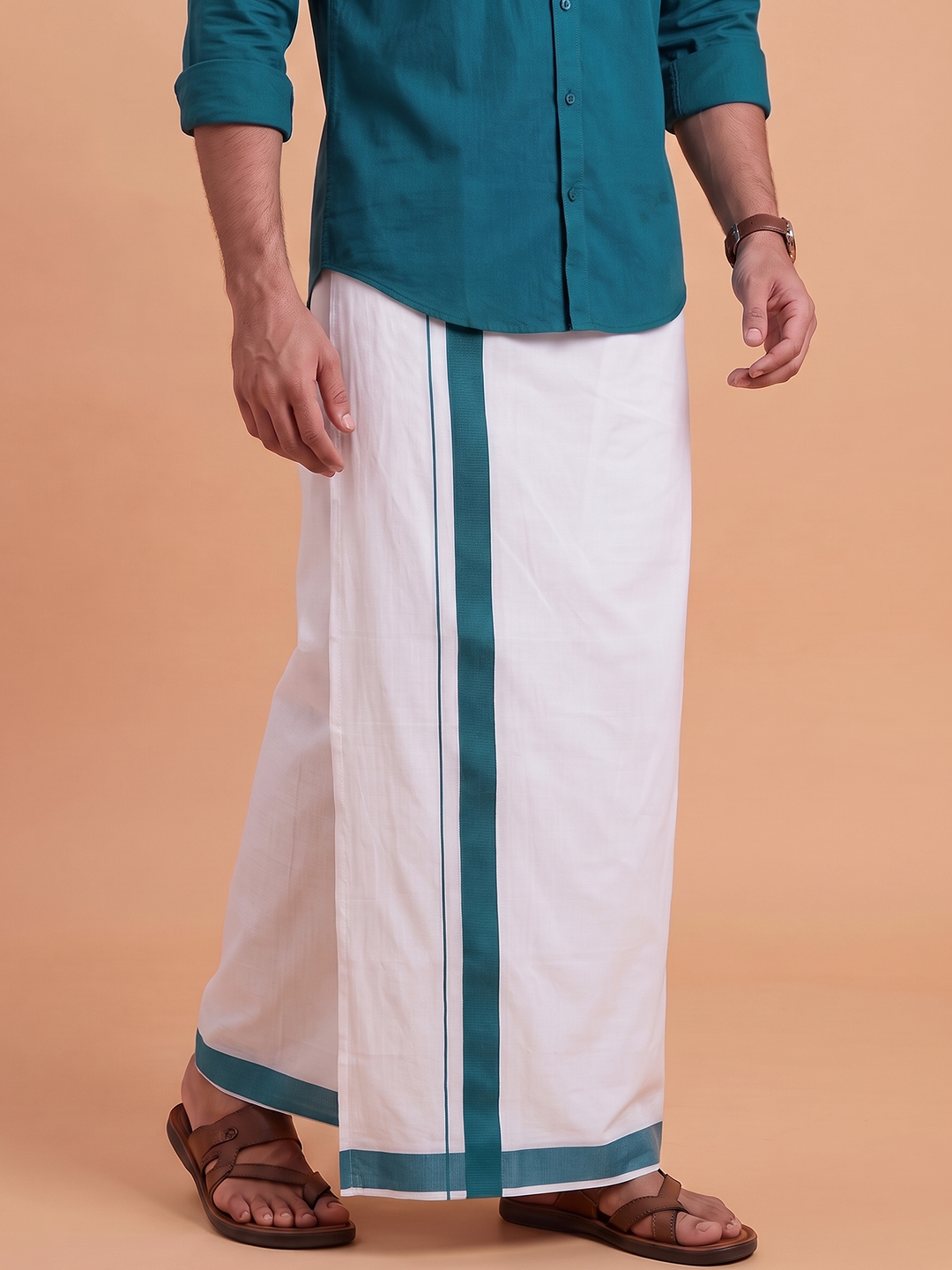 Single Layer 100% Cotton White Dhoti With Colour Border - YS03